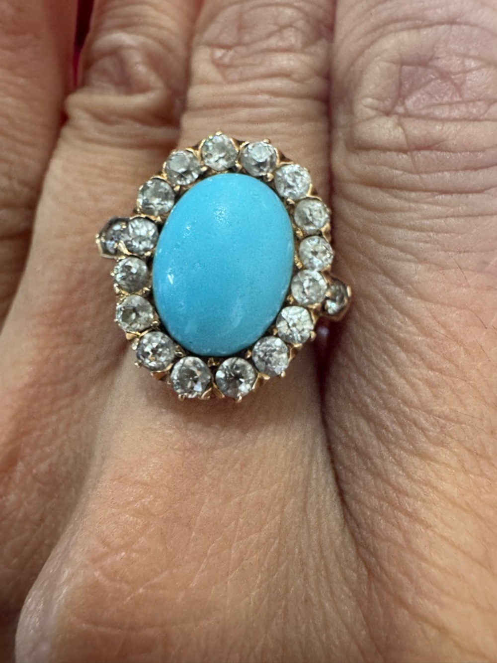 Sold! Vintage 14K Gold Turquoise Diamond Halo Ring  6 Antique Rose Cut Diamonds